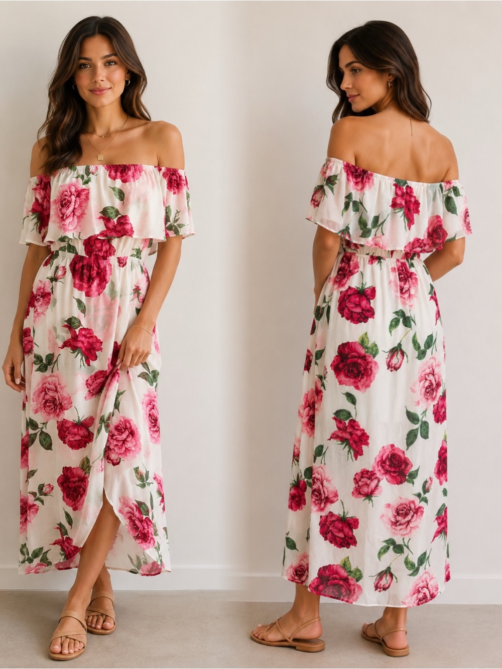 Off-Shoulder White Maxi Dress with Pink Floral Print